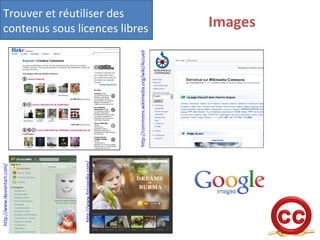 Flickr et les Creative Commons Par la recherche avancée,
possibilité de trouver des
photos sous CC
Les utilisateurs ne son...