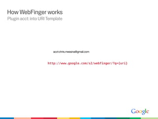 How WebFinger works
Plugin acct: into URI Template




                         acct:chris.messina@gmail.com



                     http://www.google.com/s2/webfinger/?q={uri}
 