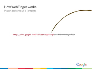 How WebFinger works
Plugin acct: into URI Template




        http://www.google.com/s2/webfinger/?q={uri}
                                              acct:chris.messina@gmail.com
 
