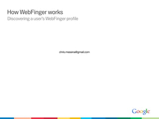 How WebFinger works
Discovering a user’s WebFinger profile




                           chris.messina@gmail.com
 