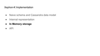 Xephon-K Implementation
● Naive schema and Cassandra data model
● Internal representation
● In Memory storage
● API
 