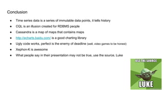 Conclusion
● Time series data is a series of immutable data points, it tells history
● CQL is an illusion created for RDBMS people
● Cassandra is a map of maps that contains maps
● http://echarts.baidu.com/ is a good charting library
● Ugly code works, perfect is the enemy of deadline (well, video games to be honest)
● Xephon-K is awesome
● What people say in their presentation may not be true, use the source, Luke
 