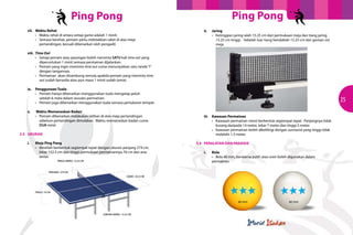 Ping Pong                                                              Ping Pong
     	   vii.	 Waktu Rehat                                                            	 ii.	Jaring
               •	 Waktu rehat di antara setiap game adalah 1 minit.                         •	 Ketinggian jaring ialah 15.25 cm dari permukaan meja dan tiang jaring
               •	 Semasa berehat, pemain perlu meletakkan raket di atas meja                	 15.25 cm tinggi. Sebelah luar tiang hendaklah 15.25 cm dari garisan sisi
               	 pertandingan, kecuali dibenarkan oleh pengadil.                            	meja.

     	viii.	 Out
           Time
           •	 Setiap pemain atau pasangan boleh meminta SATU kali time out yang
           	 diperuntukan 1 minit semasa permainan dijalankan.
           •	 Pemain yang ingin meminta time out cuma menunjukkan satu tanda ‘T’
           	 dengan tangannya.
           •	 Permainan  akan disambung semula apabila pemain yang meminta time
           	out sudah bersedia atau pun masa 1 minit sudah tamat.

     	   ix.	 Penggunaan Tuala
              •	 Pemain hanya dibenarkan menggunakan tuala mengelap peluh
24            	 setelah 6 mata dalam sesuatu permainan.
              •	 Pemain juga dibenarkan menggunakan tuala semasa pertukaran tempat.
                                                                                                                                                                           25
     	   x.	    Waktu Memanaskan Badan
               •	 Pemain dibenarkan melakukan latihan di atas meja pertandingan       	   iii.	 Kawasan Permainan
               	 sebelum pertandingan dimulakan. Waktu memanaskan badan cuma                    •	 Kawasan permainan mesti berbentuk segiempat tepat.  Panjangnya tidak
               	 DUA minit.                                                                     	 kurang daripada 14 meter, lebar 7 meter dan tinggi 5 meter.
                                                                                                •	 Kawasan permainan boleh dikelilingi dengan surround yang tinggi tidak
     3.3	UKURAN                                                                                 	 melebihi 1.5 meter.

     	   i.	   Meja Ping Pong                                                         3.4	 PERALATAN DAN PAKAIAN
               •	 Mestilah berbentuk segiempat tepat dengan ukuran panjang 274 cm,
               	 lebar 152.5 cm dan tinggi permukaan permainannya 76 cm dari aras     	 i.	Bola
               	lantai.                                                                    •	 Bola 40 mm, berwarna putih atau oren boleh digunakan dalam
                                                                                           permainan.
 