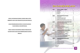 BAB 1		    DASAR 1 MURID 1 SUKAN
                                                    	      1.1	Pengenalan	                               7
                                                    	      1.2	Rasional	                                 7
                                                    	      1.3	Matlamat	                                 8
                                                    	      1.4	Konsep	                                   8

                                                    BAB 2		     PENGURUSAN KELAB SUKAN
                                                    	      2.1	Pengenalan	                               10
                                                    	      2.2	 Penubuhan Kelab Sukan	                   11
 MODUL INI DISEDIAKAN SEBAGAI LANGKAH AWAL UNTUK    	      2.3	 Organisasi Kelab Sukan	                  13
                                                    	      2.4	 Bidang Tugas Jawatankuasa Kelab Sukan	   14
MEMBANTU GURU-GURU PENASIHAT KELAB SUKAN SEKOLAH.
                                                    BAB 3		     LATAR BELAKANG SUKAN PING PONG
                                                    	      3.1	 Sejarah Dan Perkembangan	             17
 USAHA PENAMBAHBAIKAN MODUL INI AKAN DILAKUKAN      	      3.2	 Peraturan Dan Undang-Undang Permainan	20
                                                    	      3.3	Ukuran	                                22
         SECARA BERKALA DAN BERTERUSAN.             	      3.4	 Peralatan Dan Pakaian	                23
                                                    	      3.5	 Pengelolaan Kejohanan/Sistem
                                                    		Pertandingan	                                   25
 MODUL INI BOLEH DIGUNAPAKAI SEBAGAI PANDUAN DAN
                                                    BAB 4		       PERSEDIAAN DAN PERANCANGAN
RUJUKAN GURU DALAM USAHA MEMBANGUNKAN SUKAN DI      	      4.1	   Pertimbangan Untuk Latihan	            29
                                                    	      4.2	   Contoh 1 Sesi Latihan	                 35
                    SEKOLAH.                        	      4.3	   Aktiviti Memanaskan Badan	             37
                                                    	      4.4	   Aktiviti Gerak Kendur	                 37
                                                    	      4.5	   Contoh Aktiviti Memanaskan Badan	      38
                                                    	      4.6	   Contoh Aktiviti Gerak Kendur	          40

                                                    BAB 5		    PERKEMBANGAN KEMAHIRAN	
                                                    	      5.1	Pengenalan	             42
                                                    	      5.2	Servis	                 49
                                                    	      5.3	Pukulan (Forehand)	53
                                                    	      5.4	Pukulan (Backhand)	55
                                                    	      5.5	Merejam (Smash)	58

                                                    	RUJUKAN	                                            61
                                                    	ISTILAH	                                            62
 
