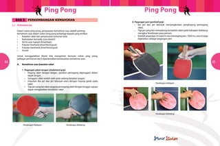 Ping Pong                                                              Ping Pong
         BAB 5     PERKEMBANGAN KEMAHIRAN
                                                                                     		2.	 Pegangan pen (penhold grip)
     5.1	PENGENALAN                                                                  	 	 	 •	 Ibu jari dan jari telunjuk menyangkutkan penghujung pemegang
                                                                                     				     raket.
     	   Dalam sukan ping pong, penguasaan kemahiran asas adalah penting.            	 	 	 •	 Tiga jari yang lain menyokong kestabilan raket pada bahagian belakang
     	   Kemahiran asas dalam sukan ping pong terbahagi kepada yang berikut:         				 mengikut keselesaan para pemain.
         •	  Kawalan raket dan penyesuaian lantunan bola                             	 	 	 •	 Kaedah pegangan ini seperti cara memegang pen.  Oleh itu, cara ini juga
         •	  Kedudukan bersedia (cara berdiri)                                       				 digelarkan sebagai ‘pegangan pen’.
         •	  Servis asas topspin & backspin
         •	  Pukulan forehand drive/block/push
         •	  Pukulan backhand drive/block/push
         •	  Smash

     	   Untuk menggalakkan Murid kita mengemari bermain sukan ping pong,
     	   pelbagai permainan kecil diperkenalkan berdasarkan kemahiran asas.




                                                                                                                          	
                                       	
  
44   	   A.	 Kemahiran asas kawalan raket
                                                                                                                                                                          45
     		1.	Pegangan jabat tangan (shakehand grip)
     	 	 	 •	 Pegang raket dengan tangan, pastikan pemegang digenggam dalam
     				     tapak tangan.
     	 	 	 •	 Genggam raket seolah-olah anda sedang berjabat tangan.
     	 	 	 •	 Unjurkan ibu jari dan jari telunjuk selari dengan hujung getah pada
     				     raket.                                                                                                Pandangan Hadapan
     	 	 	 •	 Tiga jari yang lain akan pegang pemegang raket dengan longgar supaya
     				 dapat mengekalkan kestabilan raket.




                                                                                                             	
                          	
                        	
  
                                                                                                                    Pandangan Belakang




              Pandangan Hadapan                        Pandangan Belakang
 