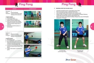 Ping Pong                                                       Ping Pong
                                                                                       	   C.   Kedudukan berdiri dan bersedia (stance)
                             Aktiviti                                   Gambar rajah
                                                                                           •	   Jarak kaki hendaklah berdiri mengangkang seluas bahu.
            Permainan	 :	4
                                                                                           •	   Kaki kiri bertapak ke depan sedikit dari kaki kanan.
            Nama		 :	 Ping Pong Bangku
            Kemahiran	 :	 Kawalan bola dengan teknik 	                                     •	   Lutut bengkok sedikit dalam keadaan posisi yang bersedia.
            			 	 pegangan raket yang betul                                                •	   Halakan badan ke hadapan dengan membengkokkan bahagian belakang
                                                                                           	    supaya dagu berada dalam garisan tegak dengan lutut.
            Langkah-langkah:                                                               •	   Kedua-dua tangan yang berada di hadapan dengan siku yang membengkok
            a.	 Murid berpasangan.                                                         	    sebanyak 85 - 90 darjah.

                                                                	
  
            b.	 Letak bangku di atas lantai.
            c.	 Bangku berfungsi sebagai jaring.
            d.	 Murid cuba memukul bola melepasi         	
  
            	 bangku dan rakannya cuba memukul 		
            	 balik bola tersebut selepas bola itu 		
            	melantun.
            e.	 Murid boleh berlatih kemahiran ini 		
48          	 berulang kali.                                                                                                                                             49


                                                                	
  
     	
  


            Permainan	 :	5
            Nama		 :	 Pukulan ke Dinding
            Kemahiran	 :	 Kawalan bola dengan teknik 	
            			 	 pegangan raket yang betul

            Langkah-langkah:
            a.	 Murid berpasangan.
            b.	 Guru mendekatkan meja ke dinding.




                                                                                                                                	
                                	
  
            c.	 Murid perlu memukulkan bola ke arah 	
            	 dinding dan memukul semula bola selepas
            	 ia melantun dari permukaan meja.
            d.	 Seorang murid memukul bola, manakala
            	 rakannya mengira berapa pukulan yang
            	dibuat.
            e.	 Selepas 3 kali pukulan, murid bertukar
            	giliran.
                                                                                                      Cara berdiri bagi                    Cara berdiri bagi
                                                                                                    pemain tangan kanan                     pemain kidal




                                                                 	
  
 