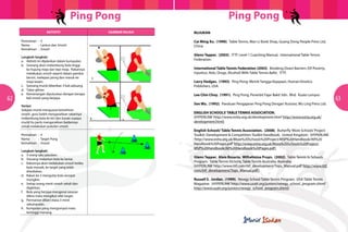 Ping Pong                                        Ping Pong
                      Aktiviti                     Gambar rajah   RUJUKAN

     Permainan	 :	3                                               Cai Ming Xu. (1990). Table Tennis, Wan Li Book Shop, Guang Dong People Press Ltd,
     Nama		 :	 Lantun dan Smash                                   China.
     Kemahiran	:	 Smash
                                                                  Glenn Tepper. (2003). ITTF Level 1 Coaching Manual. International Table Tennis
     Langkah-langkah:
     a.	 Aktiviti ini dijalankan dalam kumpulan.                  Federation.
     b.	 Seorang akan melambung bola tinggi
     	 ke hujung meja dari tepi meja. Rakannya                    International Table Tennis Federation (2003). Breaking Down Barriers (Of Poverty,
     	melakukan smash seperti dalam gambar                        Injustice, Aids, Drugs, Alcohol) With Table Tennis Balls!. ITTF.
     	 bersiri, melepasi jaring dan masuk ke
     	 meja lawan.                                                Larry Hodges. (1993). Ping Pong: Meniti Tangga Kejayaan, Human Kinetics
     c.	 Seorang murid diberikan 3 kali peluang.                  Publishers, USA.
     d.	 Tukar giliran.
     e.	 Kemenangan diputuskan dengan berapa                      Lee Chin Choy. (1991). Ping Pong, Penerbit Fajar Bakti Sdn. Bhd. Kuala Lumpur.
62   	kali smash yang berjaya.                                                                                                                          63
                                                                  Sen Wu. (1992). Panduan Pengajaran Ping Pong Dengan Ilustrasi, Wu Ling Press Ltd.
     Variasi
     Selepas murid menguasai kemahiran
     smash, guru boleh mengarahkan rakannya                       ENGLISH SCHOOLS’ TABLE TENNIS ASSOCIATION.
     melambung bola ke kiri dan kanan supaya                      (HYPERLINK ‘http://www.estta.org.uk/development.html’ http://www.estta.org.uk/
     murid itu perlu mengerakkan badannya                         development.html)
     untuk melakukan pukulan smash.
                                                                  English Schools’ Table Tennis Association. (2008). Butterfly ‘More Schools’ Project
     Permainan	 :	4                                               Toolkit: Development & Competition Toolkit Handbook. United Kingdom. (HYPERLINK
     Nama		 :	 Target Pong                                        ‘http://www.estta.org.uk/More%20Schools%20Project/MSP%20Handbook/All%20
     Kemahiran	:	 Smash                                           Handbook%20Pages.pdf’ http://www.estta.org.uk/More%20Schools%20Project/
                                                                  MSP%20Handbook/All%20Handbook%20Pages.pdf )
     Langkah-langkah:
     a.	 3 orang satu pasukan.
                                                                  Glenn Tepper. Alois Rosario. Wilhelmina Pruyn. (2002). Table Tennis In Schools
     b.	 Seorang melantun bola ke lantai.
     c.	 Rakannya akan melakukan smash ketika                     Program. Table Tennis Victoria, Table Tennis Australia, Australia.
     	 bola menaik, ke target yang telah                          (HYPERLINK ‘http://www.ittf.com/ittf_development/Tops_Manual.pdf’ http://www.ittf.
     	disediakan.                                                 com/ittf_development/Tops_Manual.pdf )
     d.	 Rakan ke 3 mengutip bola secepat
     	mungkin.                                                    Russell S. Jordan. (1999). Newgy School Table Tennis Program. USA Table Tennis
     e.	 Setiap orang mesti smash sekali dan                      Magazine. (HYPERLINK ‘http://www.usatt.org/juniors/newgy_school_program.shtml’
     	digilirkan.                                                 http://www.usatt.org/juniors/newgy_school_program.shtml)
     f.	 Bola yang berjaya mengenai sasaran
     	 dikira mata mengikut nilai target.
     g.	 Permainan diberi masa 3 minit
     	sekumpulan.
     h.	 Kumpulan yang mengumpul mata
     	 tertinggi menang.
 