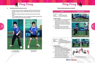 Ping Pong

Ping Pong
	

B.

		

	 Kedudukan berdiri dan bersedia (stance)

•		
•		
			
•		
			
•		
			

Jarakkan kaki dan berdiri mengkangkang lebih luas daripada bahu.
Kaki kiri bertapak di depan sedikit dari kaki kanan (pemain tangan
kanan).
Kaki kanan bertapak di depan sedikit dari kaki kiri (pemain tangan
kidal.)
Lutut bengkok sedikit dan “torso” congdong ke hadapan supaya pusat
graviti rendah bertujuan kawalan imbangan.

Aktiviti

Cara berdiri bagi
pemain tangan kanan

Cara berdiri bagi
pemain kidal

Gambar rajah

Permainan	 :	 1 (Statik)
Nama		 :	 Cermin Kepada Rakan
Kemahiran	 :	 Cara berdiri yang betul
Langkah-langkah:
a.	 Guru tunjukkan cara berdiri (kedudukan
	 bersedia) dan semua murid berdiri
	 mengikut arahan; jarakkan kedua-dua
	 kaki mengikut lebar bahu, bengkokkan
	 sedikit lutut dan badan condong sedikit
	 ke hadapan.
b.	 Murid berpasangan. Mereka berdiri
	 menghadap sesama sendiri. Murid
	 memerhatikan cara rakan mereka berdiri.

42

	
  

Aktiviti-aktiviti kemahiran cara berdiri

	
  

	
  

43

Permainan	 :	 2 (Dinamik)
Nama		 :	 Cermin Kepada Rakan
Kemahiran	 :	 Cara berdiri dengan pergerakan
				 kaki satu langkah depan dan ke
				sisi
Langkah-langkah:
a.	 Murid berpasangan.
b.	 Demonstrasi - Guru berdiri statik
	 (kedudukan sedia) berhadapan dengan
	 murid, yang menjadi cermin kepadanya.
c.	 Murid mengulangi lakuan tersebut.
d.	 Demonstrasi. Guru berdiri (kedudukan 	
	 sedia) berhadapan dengan murid, 		
	 yang menjadi cermin kepadanya. 		
	 Kemudian bergerak melangkah ke sisi
	 kanan atau kiri, dan pergerakan kaki 		

	
  

contoh gerakan dua kaki serentak

	
  

 
