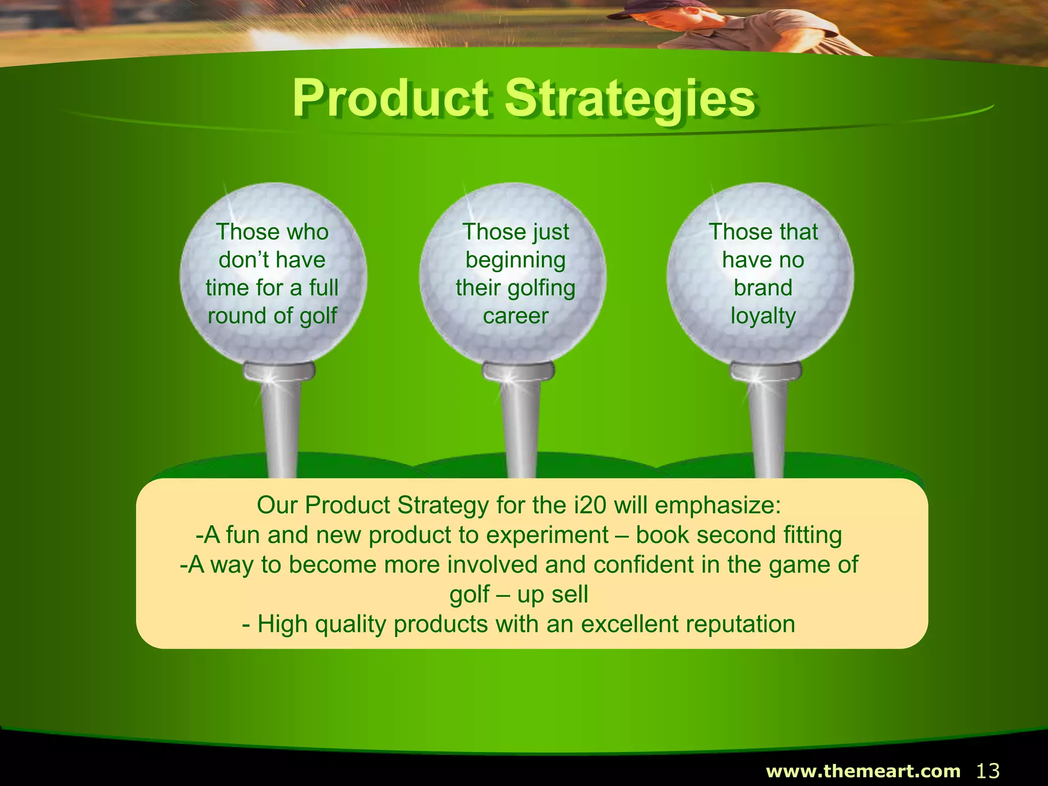 13www.themeart.com
Our Product Strategy for the i20 will emphasize:
-A fun and new product to experiment – book second fitting
-A way to become more involved and confident in the game of
golf – up sell
- High quality products with an excellent reputation
Product Strategies
Those who
don’t have
time for a full
round of golf
Those just
beginning
their golfing
career
Those that
have no
brand
loyalty
 