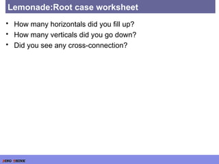 Lemonade:Root case worksheet How many horizontals did you fill up? How many verticals did you go down? Did you see any cross-connection? 