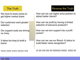 We have to lower prices to get higher market share How can we use higher price position to attract better clients? Our customers want greater selection How can we profit by having a limited selection of exlcusive products? Our support costs are driving us crazy How can we turn support into a profit centre? It takes too long to build a brand How can we use our Brand -X status to build faster name recognition? ???? ???? ???? ????? ??? !!! !!!!! !!!!! !!!!! !!!! !!!!!!!!!!!!! !!!!!!!!!  !!!!!!!! !!!!  The Truth Reverse the Truth 