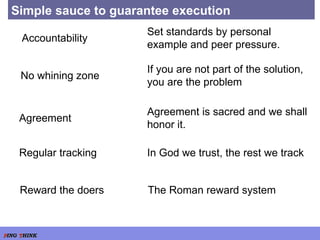 Simple sauce to guarantee execution Accountability Set standards by personal example and peer pressure. No whining zone If you are not part of the solution, you are the problem  Agreement  Agreement is sacred and we shall honor it.  Regular tracking In God we trust, the rest we track  Reward the doers The Roman reward system  