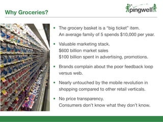 • The grocery basket is a “big ticket” item.
An average family of 5 spends $10,000 per year.
• Valuable marketing stack.
$600 billion market sales
$100 billion spent in advertising, promotions.
• Brands complain about the poor feedback loop
versus web.
• Nearly untouched by the mobile revolution in
shopping compared to other retail verticals.
• No price transparency.
Consumers don’t know what they don’t know.
Why Groceries?
 