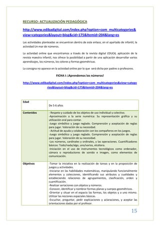 RECURSO: ACTUALIZACIÓN PEDAGÓGICA

http://www.edibadigital.com/index.php?option=com_multicategories&
view=categories&layout=blog&cid=175&Itemid=204&lang=es
Las actividades planteadas se encuentran dentro de este enlace, en el apartado de infantil, la
actividad Un mar de números.

La actividad online que encontramos a través de la revista digital EDUCA, aplicación de la
revista maestra infantil, nos ofrece la posibilidad a partir de una aplicación desarrollar varios
aprendizajes, los números, los colores y formas geométricas.

La consigna no aparece en la actividad online por lo que será dicha por padres o profesores.

                            FICHA I: ¡Aprendemos los números!

http://www.edibadigital.com/index.php?option=com_multicategories&view=catego
                ries&layout=blog&cid=175&Itemid=204&lang=es



Edad
                      De 5-6 años

Contenidos            - Respeto y cuidado de los objetos de uso individual y colectivo.
                      -Aproximación a la serie numérica: Su representación gráfica y su
                      utilización oral para contar.
                      -Juego simbólico y juego reglado. Comprensión y aceptación de reglas
                      para jugar. Valoración de su necesidad.
                      - Actitud de ayuda y colaboración con los compañeros en los juegos.
                      -Juego simbólico y juego reglado. Comprensión y aceptación de reglas
                      para jugar. Valoración de su necesidad.
                      -Los números, cardinales y ordinales, y las operaciones. Cuantificadores
                      básicos: Todo/nada/algo, uno/varios, etcétera.
                      -Iniciación en el uso de instrumentos tecnológicos como ordenador,
                      cámara o reproductores de sonido e imagen, como elementos de
                      comunicación.

Objetivos             -Tomar la iniciativa en la realización de tareas y en la proposición de
                      juegos y actividades.
                      -Iniciarse en las habilidades matemáticas, manipulando funcionalmente
                      elementos y colecciones, identificando sus atributos y cualidades y
                      estableciendo relaciones de agrupamientos, clasificación, orden y
                      cuantificación.
                      -Realizar seriaciones con objetos y números.
                      -Conocer, identificar y nombrar formas planas y cuerpos geométricos.
                      -Orientar y situar en el espacio las formas, los objetos y a uno mismo.
                      Utilizar las nociones espaciales básicas.
                      -Escuchar, preguntar, pedir explicaciones y aclaraciones, y aceptar las
                      orientaciones dadas por el profesor.

                                                                                           15
 