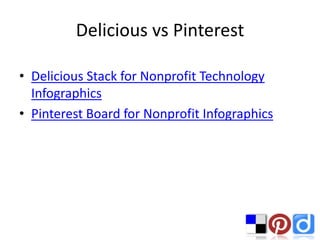 Delicious vs Pinterest

• Delicious Stack for Nonprofit Technology
  Infographics
• Pinterest Board for Nonprofit Infographics
 