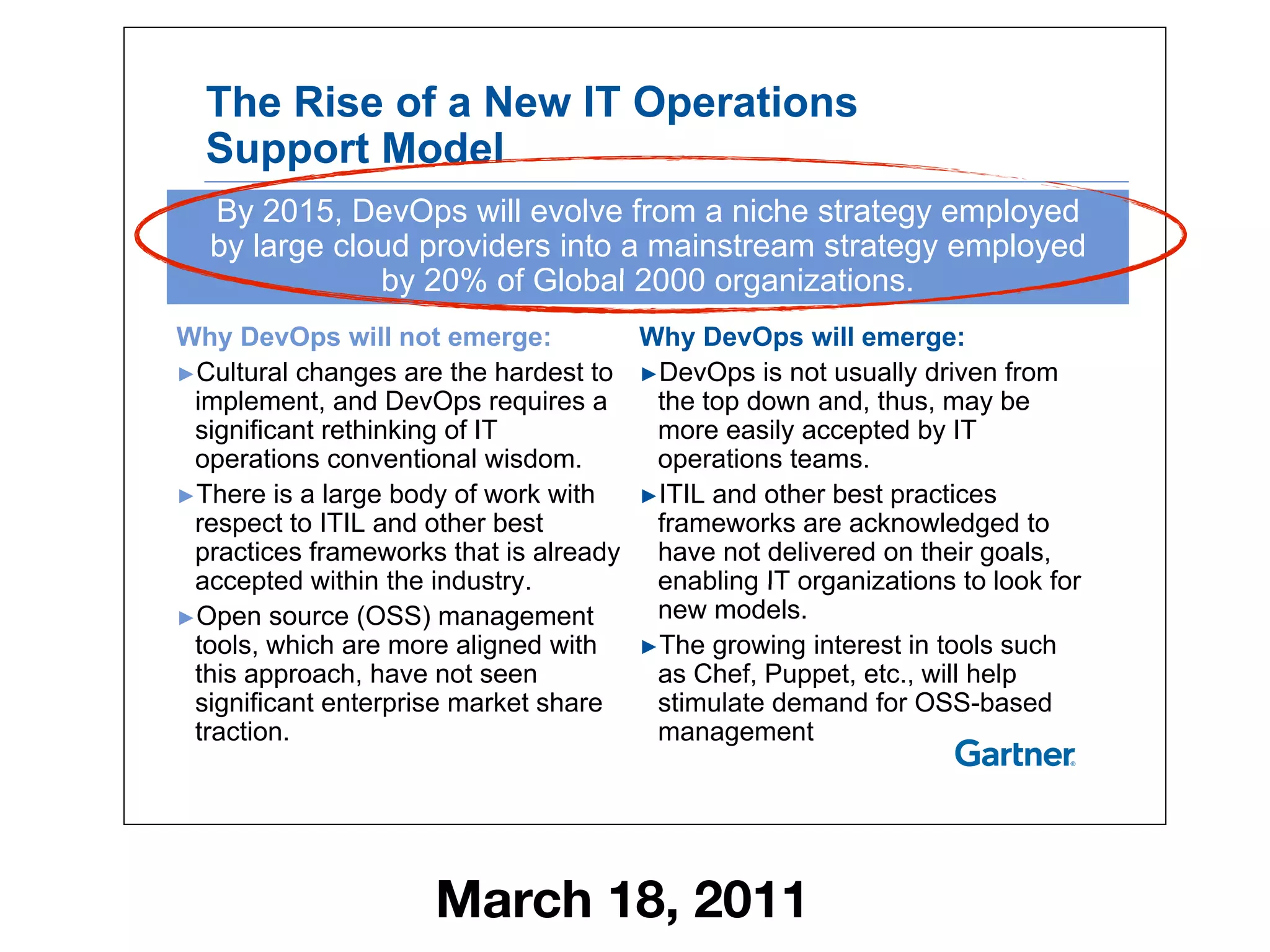 The Rise of a New IT Operations
Support Model
By 2015, DevOps will evolve from a niche strategy employed
by large cloud providers into a mainstream strategy employed
by 20% of Global 2000 organizations
Why DevOps will emerge:
!DevOps is not usually driven from
Why DevOps will not emerge:
!Cultural changes are the hardest to
by 20% of Global 2000 organizations.
!DevOps is not usually driven from
the top down and, thus, may be
more easily accepted by IT
operations teams.
!Cultural changes are the hardest to
implement, and DevOps requires a
significant rethinking of IT
operations conventional wisdom.
!ITIL and other best practices
frameworks are acknowledged to
have not delivered on their goals,
enabling IT organizations to look for
!There is a large body of work with
respect to ITIL and other best
practices frameworks that is already
accepted within the industry enabling IT organizations to look for
new models.
!The growing interest in tools such
as Chef, Puppet, etc., will help
accepted within the industry.
!Open source (OSS) management
tools, which are more aligned with
this approach, have not seen pp p
stimulate demand for OSS-based
management
pp
significant enterprise market share
traction.
March 18, 2011
 