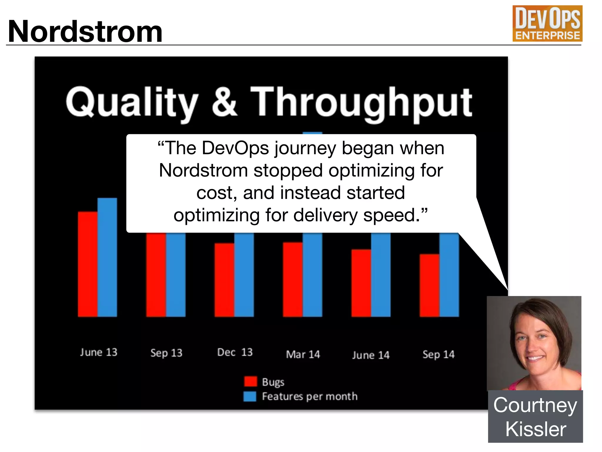 Nordstrom
Courtney

Kissler
“The DevOps journey began when
Nordstrom stopped optimizing for
cost, and instead started
optimizing for delivery speed.”
 