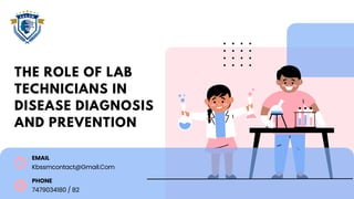 THE ROLE OF LAB
TECHNICIANS IN
DISEASE DIAGNOSIS
AND PREVENTION
PHONE
7479034180 / 82
EMAIL
Kbssmcontact@Gmail.Com
 