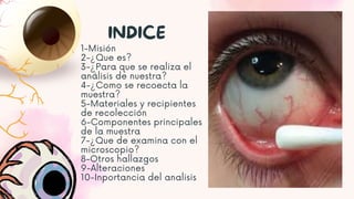 1-Misión
2-¿Que es?
3-¿Para que se realiza el
análisis de nuestra?
4-¿Como se recoecta la
muestra?
5-Materiales y recipientes
de recolección
6-Componentes principales
de la muestra
7-¿Que de examina con el
microscopio?
8-Otros hallazgos
9-Alteraciones
10-Inportancia del analisis
INDICE
 