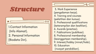 Structure
1.Contact Information
(Info Alamat).
2. Personal Information
(Biodata Diri).
3. Work Experience
(pengalaman kerja).
4. Training and courses
(pelatihan dan kursus).
5. Professional qualifications
(keterampilan dan keahlian).
6. Awards (prestasi).
7. Publications (publikasi).
8. Professional membership
(keanggotaan membership).
9. Interest/hobby (minat/hobi).
10. Education
(riwayat pendidikan).
 