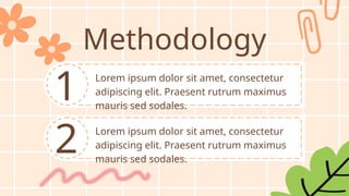 Methodology
Lorem ipsum dolor sit amet, consectetur
adipiscing elit. Praesent rutrum maximus
mauris sed sodales.
Lorem ipsum dolor sit amet, consectetur
adipiscing elit. Praesent rutrum maximus
mauris sed sodales.
1
2
 