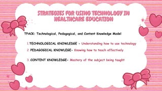 STRATEGIES FOR USING TECHNOLOGY IN
STRATEGIES FOR USING TECHNOLOGY IN
HEALTHCARE EDUCATION
HEALTHCARE EDUCATION
TPACK: Technological, Pedagogical, and Content Knowledge Model
TECHNOLOGICAL KNOWLEDGE - Understanding how to use technology
1.
2. PEDAGOGICAL KNOWLEGE- Knowing how to teach effectively
3. CONTENT KNOWLEDGE- Mastery of the subject being taught
 