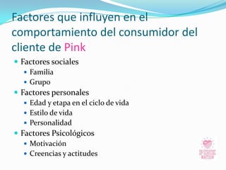 Factores que influyen en el comportamiento del consumidor del cliente de Pink<br />Factores sociales <br />Familia<br />Gr...