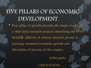 FIVE PILLARS OF ECONOMIC 
DEVELOPMENT. 
• Five pillar of growth presents the major results of 
a short term research projects identifying the FIVE 
MAJOR AREAS of reforms deemed pivotal in 
pursuing sustained economic growth and 
alleviation of poverty of the country. 
pinkey gupta 
CIMS B-SCHOOL 
 