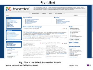 Fig.: This is the default frontend of Joomla.
Seminar on Joomla and CMS by Pinki Mondal July 15, 2015 22
Front End
 