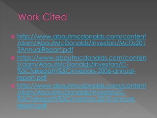 http://www.aboutmcdonalds.com/content 
/dam/AboutMcDonalds/Investors/McDs201 
3AnnualReport.pdf 
 https://www.aboutmcdonalds.com/conten 
t/dam/AboutMcDonalds/Investors/C- 
%5Cfakepath%5Cinvestors-2006-annual-report. 
pdf 
 http://www.aboutmcdonalds.com/content 
/dam/AboutMcDonalds/Investors/C- 
%5Cfakepath%5Cinvestors-2010-annual-report. 
pdf 
 