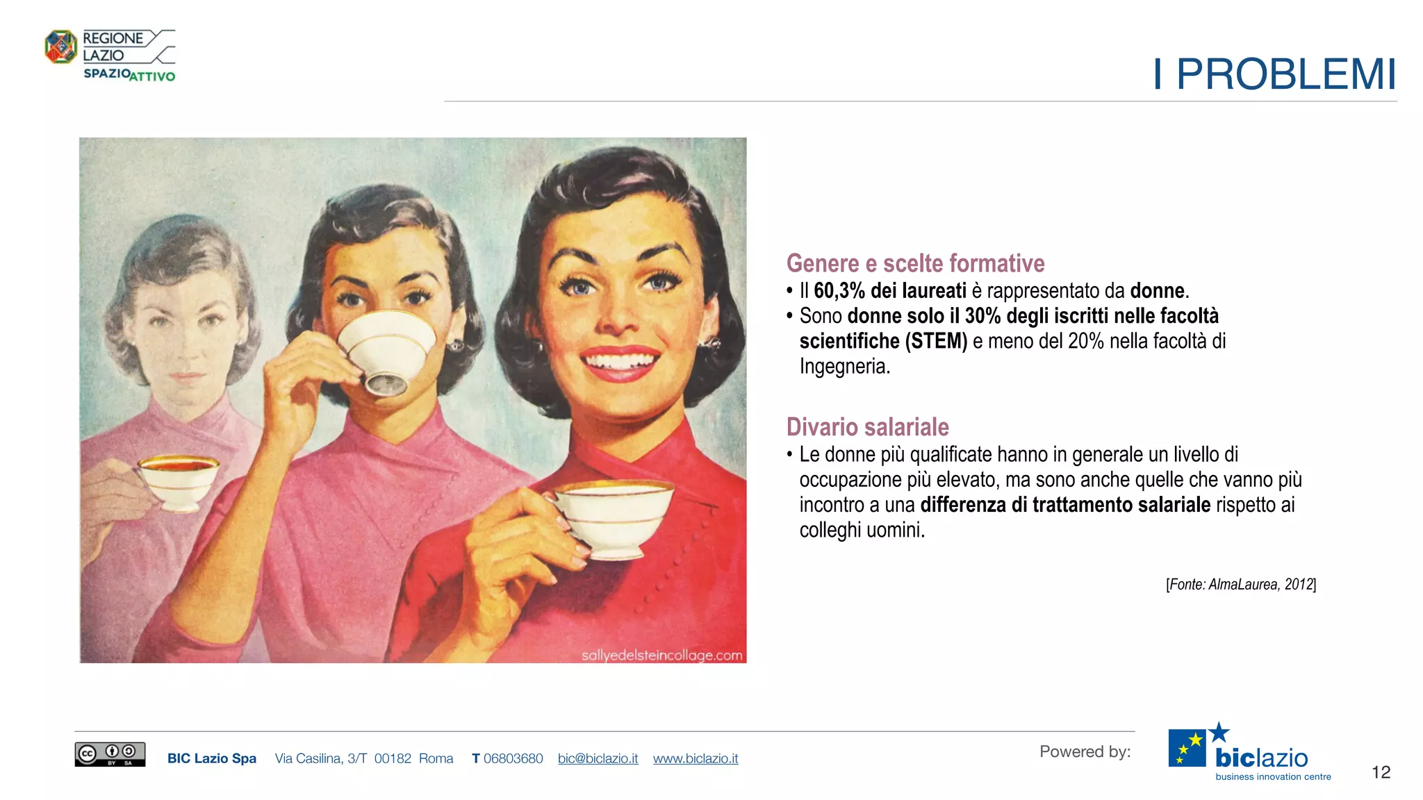 BIC Lazio Spa Via Casilina, 3/T 00182 Roma T 06803680 bic@biclazio.it www.biclazio.it Powered by:
Genere e scelte formative
• Il 60,3% dei laureati è rappresentato da donne.
• Sono donne solo il 30% degli iscritti nelle facoltà
scientifiche (STEM) e meno del 20% nella facoltà di
Ingegneria.
Divario salariale
• Le donne più qualificate hanno in generale un livello di
occupazione più elevato, ma sono anche quelle che vanno più
incontro a una differenza di trattamento salariale rispetto ai
colleghi uomini.
[Fonte: AlmaLaurea, 2012]
12
I PROBLEMI
 