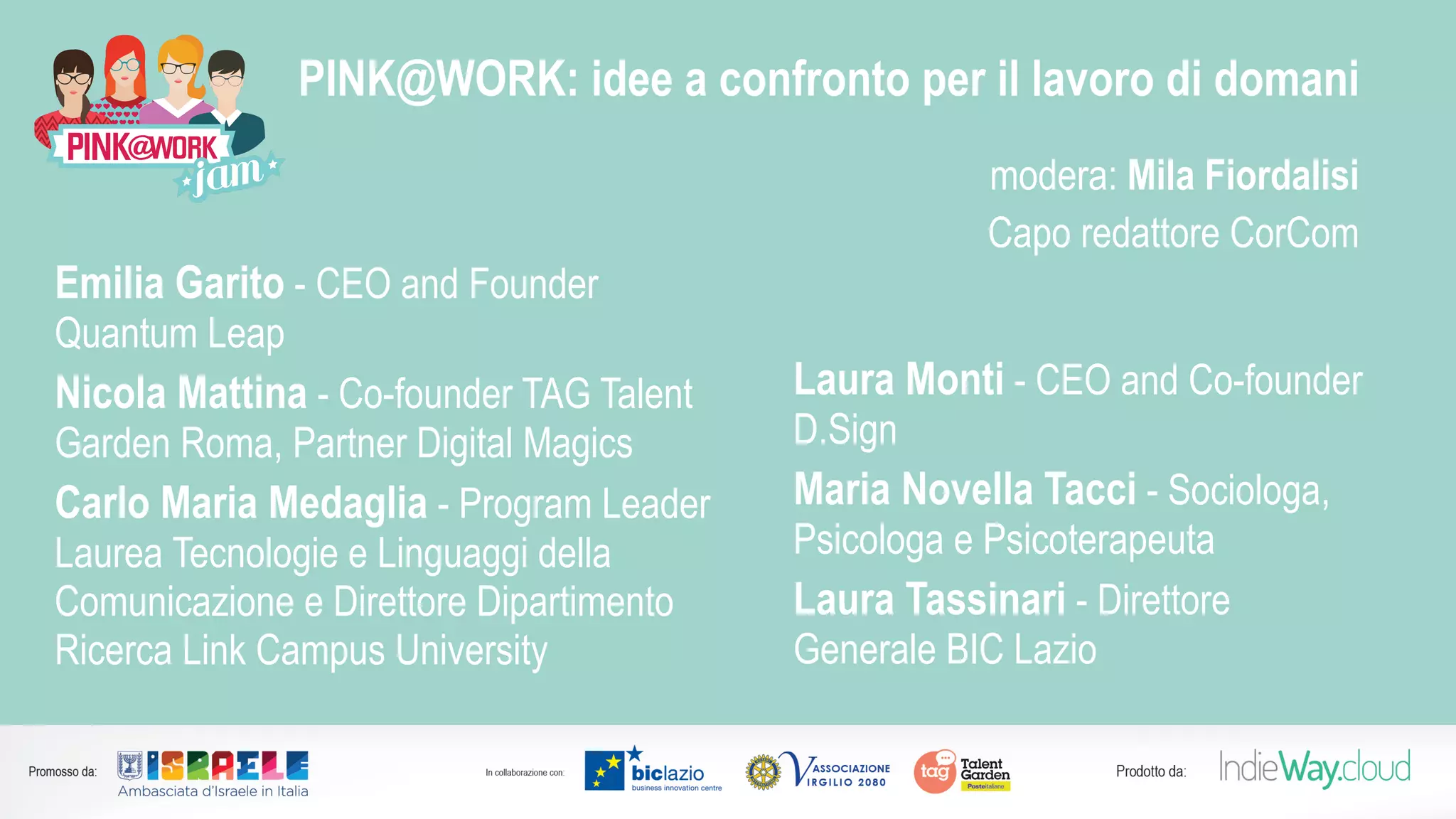 Emilia Garito - CEO and Founder
Quantum Leap
Nicola Mattina - Co-founder TAG Talent
Garden Roma, Partner Digital Magics
Carlo Maria Medaglia - Program Leader
Laurea Tecnologie e Linguaggi della
Comunicazione e Direttore Dipartimento
Ricerca Link Campus University
Laura Monti - CEO and Co-founder
D.Sign
Maria Novella Tacci - Sociologa,
Psicologa e Psicoterapeuta
Laura Tassinari - Direttore
Generale BIC Lazio
PINK@WORK: idee a confronto per il lavoro di domani
modera: Mila Fiordalisi
Capo redattore CorCom
 