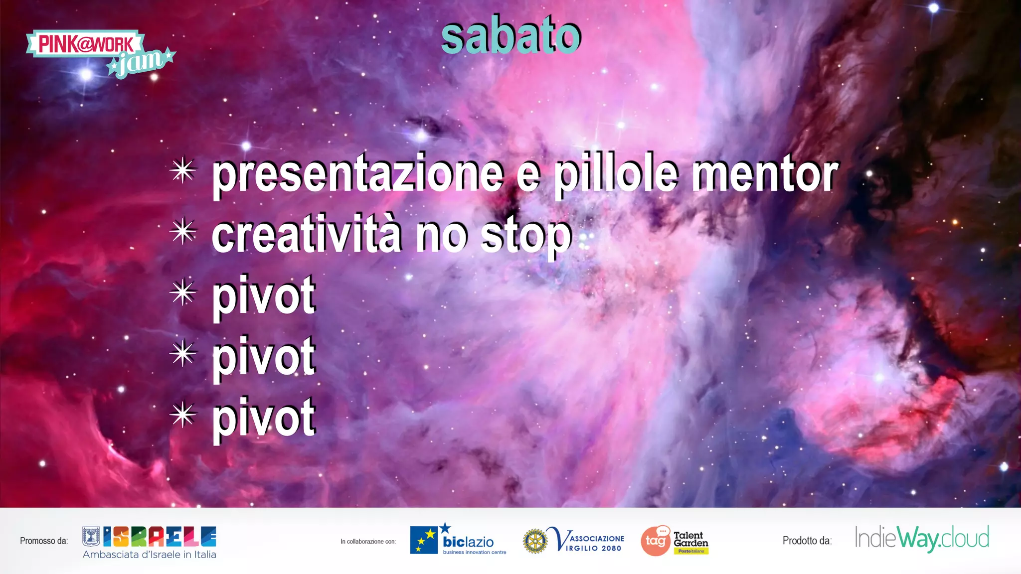 ✴ presentazione e pillole mentor
✴ creatività no stop
✴ pivot
✴ pivot
✴ pivot
sabato
 