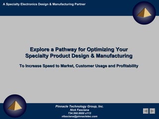 A Specialty Electronics Design & Manufacturing Partner Explore a Pathway for Optimizing Your  Specialty Product Design & Manufacturing  To Increase  Speed to Market, Customer Usage and Profitability   