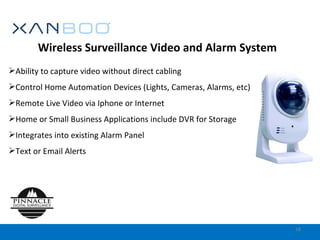 Wireless Surveillance Video and Alarm System Ability to capture video without direct cabling Control Home Automation Devices (Lights, Cameras, Alarms, etc) Remote Live Video via Iphone or Internet Home or Small Business Applications include DVR for Storage Integrates into existing Alarm Panel Text or Email Alerts 