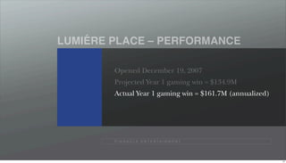 ´
LUMIERE PLACE – PERFORMANCE

        Opened December 19, 2007
        Projected Year 1 gaming win = $134.9M
        Actual Year 1 gaming win = $161.7M (annualized)




        P I N N A C L E E N T E R TA I N M E N T




                                                          41
 