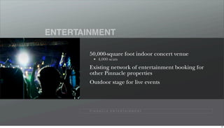 ENTERTAINMENT

        50,000-square foot indoor concert venue
              4,000 seats

        Existing network of entertainment booking for
        other Pinnacle properties
        Outdoor stage for live events




        P I N N A C L E E N T E R TA I N M E N T




                                                        67
 