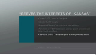 “SERVES THE INTERESTS OF...KANSAS”
         Create 2,000 construction jobs
         Employ 1,500 people
         Attract millions of incremental new visitors
         Purchase over $50 million in annual goods and services
         from local suppliers
         Generate over $17 million/year in new property taxes




         P I N N A C L E E N T E R TA I N M E N T




                                                                  98
 