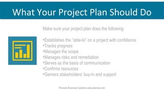 Make sure your project plan does the following:
•Establishes the “able-to” on a project with confidence
•Tracks progress
•Manages the scope
•Manages risks and remediation
•Serves as the basis of communication
•Confirms resources
•Garners stakeholders’ buy-in and support
Pinnacle Business Systems www.pbsnow.com
What Your Project Plan Should Do
 