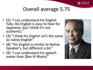 Overall average 5.75
• (5) “I can understand his English
fully. His English is easy to hear for
Japanese, but I think it's not
authentic.”
• (3) “I think his English isn't the same
as native English”
• (8) “His English is similar to Native
Speaker's, but different a bit.”
• (9) “I can understand his speech
easier than [Ban Ki Moon]”
 