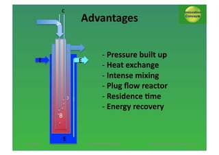 C*

A$

Advantages*

E*

E*

D$ E$

B$

13/11/2013*

E*

; Pressure*built*up*
*
; Heat*exchange*
*
; Intense*mixing*
*
; Plug*ﬂow*reactor*
*
; Residence*;me*
*
; Energy*recovery*
*

AUTUMN*SESSION*PINNL*$

*Pol*Knops/*Innova;on*Concept**16*

 