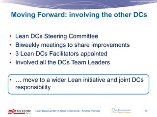 Copyright © Institut Lean France 2012

Moving Forward: involving the other DCs
•
•
•
•

Lean DCs Steering Committee
Biweekly meetings to share improvements
3 Lean DCs Facilitators appointed
Involved all the DCs Team Leaders

• … move to a wider Lean initiative and joint DCs
responsibility

Lean Data Center: A Telco Experience - Andrea Pinnola

15

 