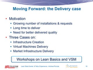 Copyright © Institut Lean France 2012

Moving Forward: the Delivery case
• Motivation
 Growing number of installations & requests

 Long time to deliver
 Need for better delivered quality

• Three Cases on:
 Infrastructure Creation
 Virtual Machines Delivery
 Market Infrastructure Delivery

Workshops on Lean Basics and VSM
Lean Data Center: A Telco Experience - Andrea Pinnola

16

 