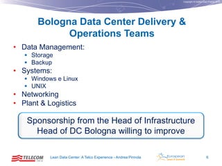 Copyright © Institut Lean France 2012

Bologna Data Center Delivery &
Operations Teams
• Data Management:
 Storage
 Backup

• Systems:
 Windows e Linux
 UNIX

• Networking
• Plant & Logistics

Sponsorship from the Head of Infrastructure
Head of DC Bologna willing to improve
Lean Data Center: A Telco Experience - Andrea Pinnola

6

 