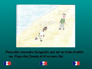 Pinocchio rencontre Lucignolo qui est en train  d’aller au  Pays des Jouets et il va avec lui . 