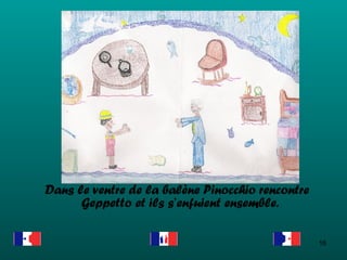 Dans le ventre de la balène Pinocchio rencontre Geppetto et ils s’enfuient ensemble. 