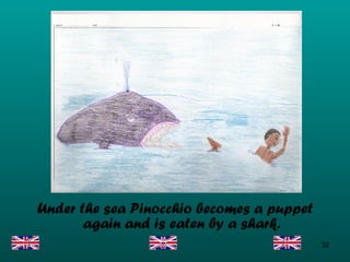 Under the sea Pinocchio becomes a puppet again and is eaten by a shark. 