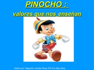 PINOCHO :PINOCHO :
valores que nosvalores que nos enseñanenseñan
Hecho por: Alejandro Cerdán Rosa 5ºA Fco Sáiz Sanz
 