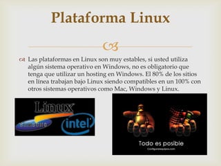 Plataforma Linux


 Las plataformas en Linux son muy estables, si usted utiliza
algún sistema operativo en Windows, no es obligatorio que
tenga que utilizar un hosting en Windows. El 80% de los sitios
en línea trabajan bajo Linux siendo compatibles en un 100% con
otros sistemas operativos como Mac, Windows y Linux.

 