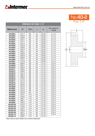 www.intermec.com.co
No.40-2
Paso 1/2”
L
D Dmd
*Eje máximo permisible con cuñero estándar
 